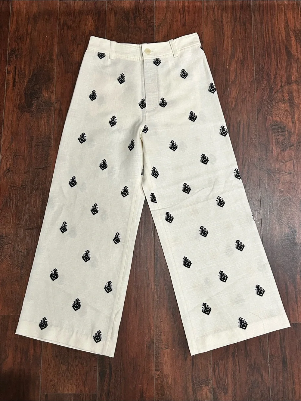ZARA ZW COLLECTION Embroidered Linen Wide-Leg Pants